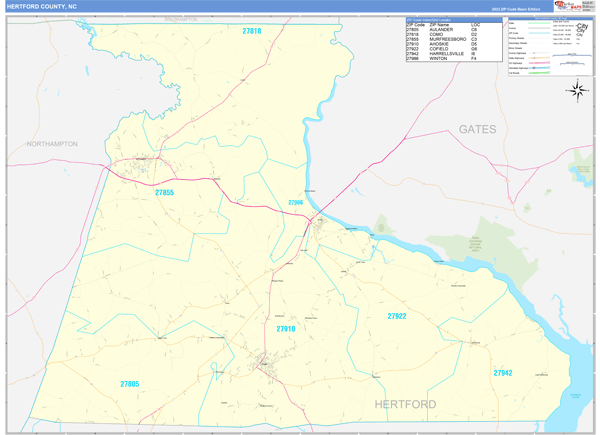Hertford County Wall Map Basic Style