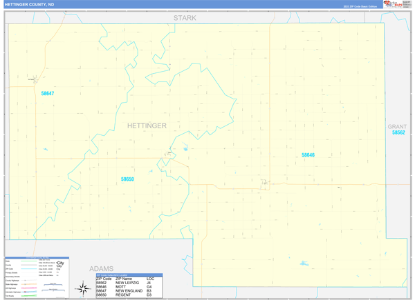Hettinger County, ND Zip Code Wall Map