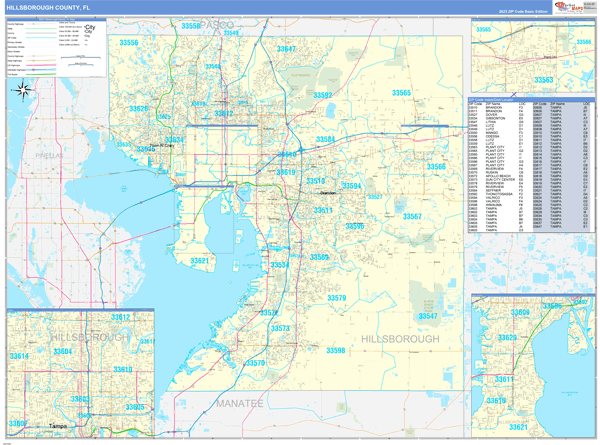 Hillsborough County, FL Zip Code Wall Map Basic Style by MarketMAPS -  MapSales