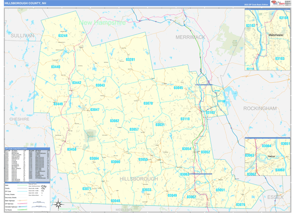 Hillsborough County, NH Zip Code Wall Map