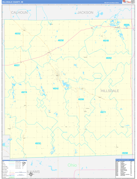 Hillsdale County Wall Map Basic Style