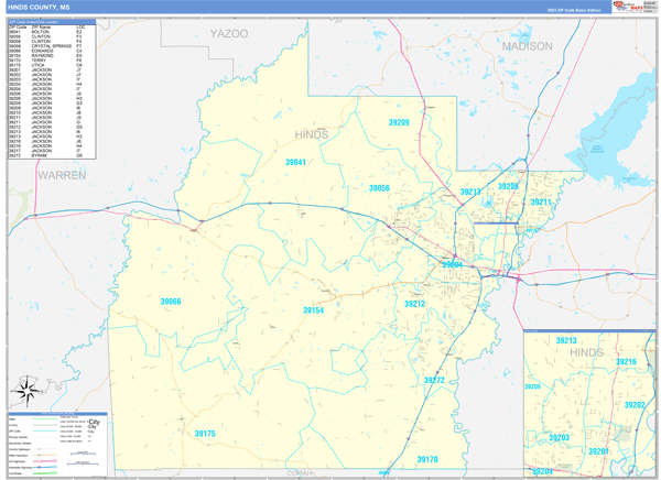 Hinds County, MS Zip Code Wall Map