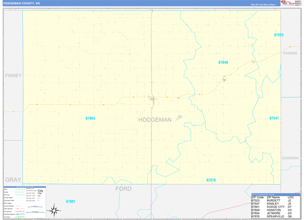 Hodgeman County, KS Zip Code Wall Map