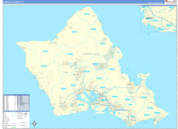 Honolulu County, HI Zip Code Wall Map Basic Style by MarketMAPS