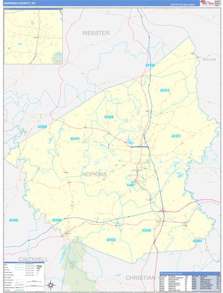 Hopkins County, KY Zip Code Wall Map