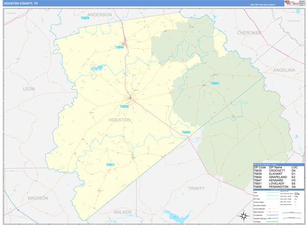 Houston County, TX Carrier Route Wall Map