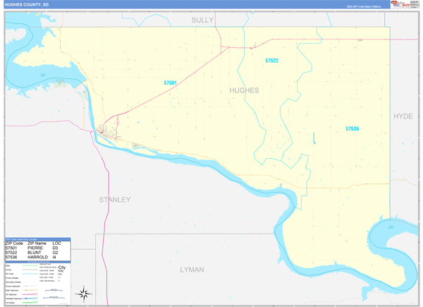 Hughes County Wall Map Basic Style