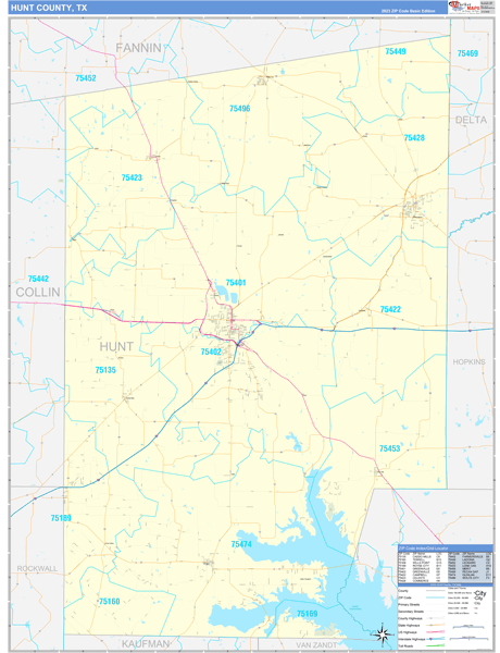 Hunt County, TX Zip Code Wall Map