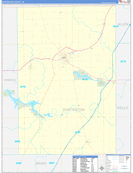 Huntington County, IN Zip Code Wall Map