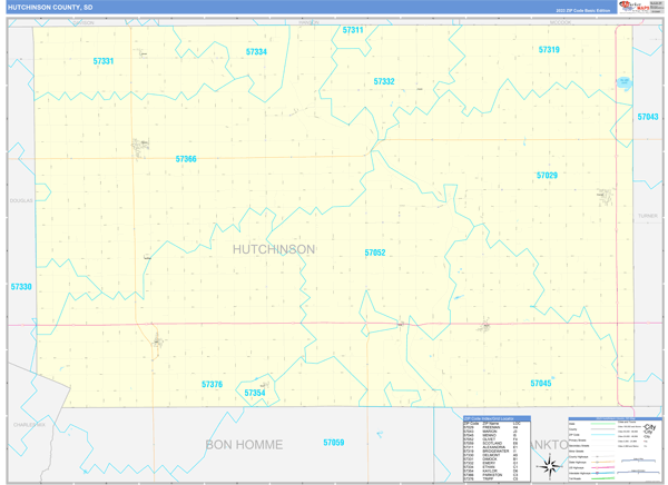 Hutchinson County, SD Wall Map Basic Style