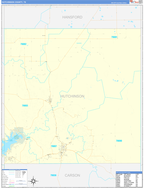 Hutchinson County, TX Wall Map Basic Style