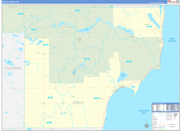 Iosco County, MI Zip Code Wall Map