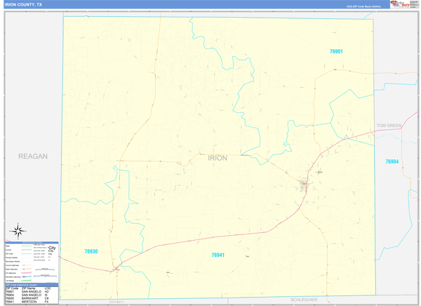 Irion County, TX Zip Code Wall Map