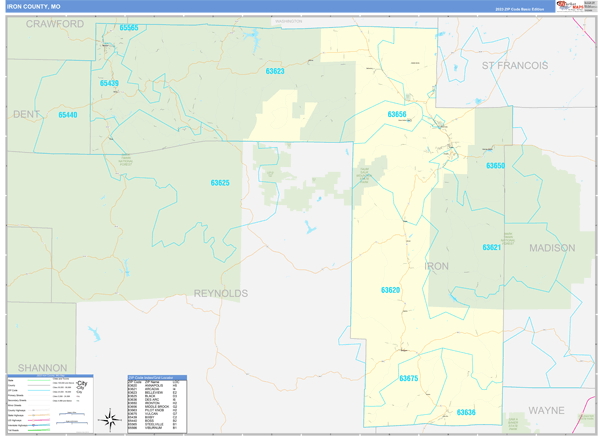 Iron County, MO Zip Code Wall Map