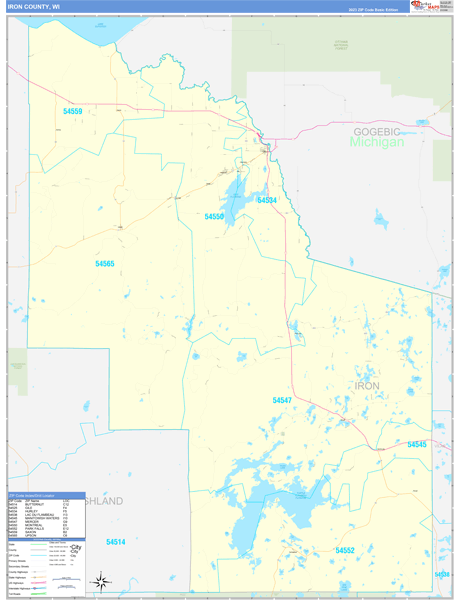 Iron County, WI Zip Code Wall Map