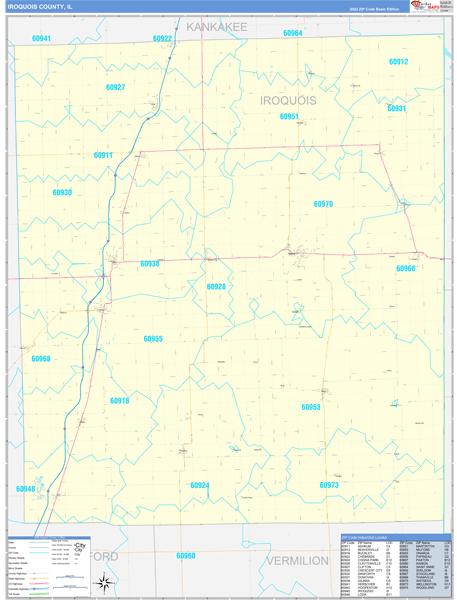 Iroquois County IL Zip Code Wall Map Basic Style by MarketMAPS MapSales