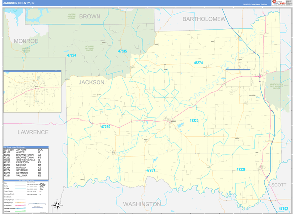 Jackson County, IN Zip Code Wall Map