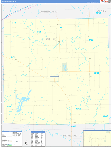 Jasper County, IL Zip Code Wall Map Basic Style by MarketMAPS