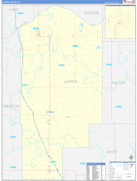 Jasper County, IN Wall Map Basic Style
