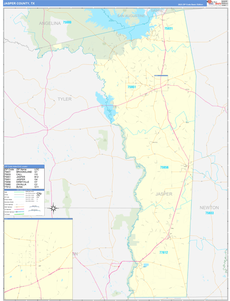 Jasper County, TX Wall Map Basic Style
