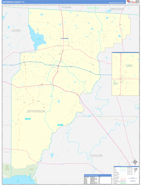 Jefferson County, FL Wall Map Basic Style