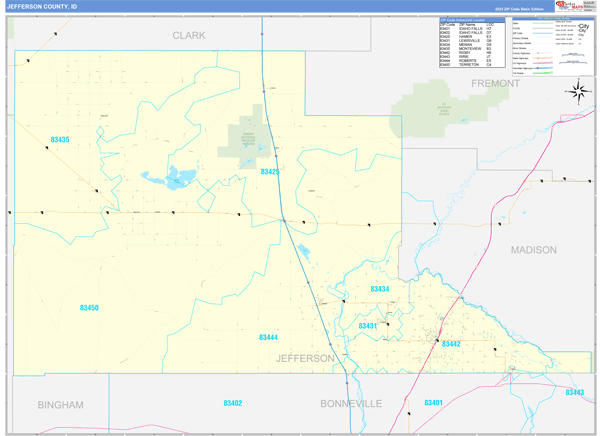 Jefferson County, ID Wall Map Basic Style