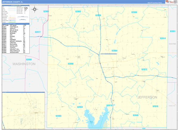 Jefferson County, IL Wall Map Basic Style