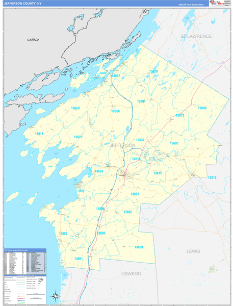Jefferson County, NY Zip Code Wall Map Basic Style by MarketMAPS - MapSales