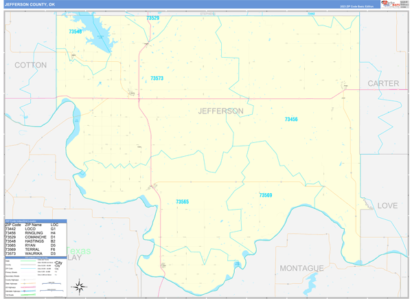 Jefferson County, OK Zip Code Wall Map