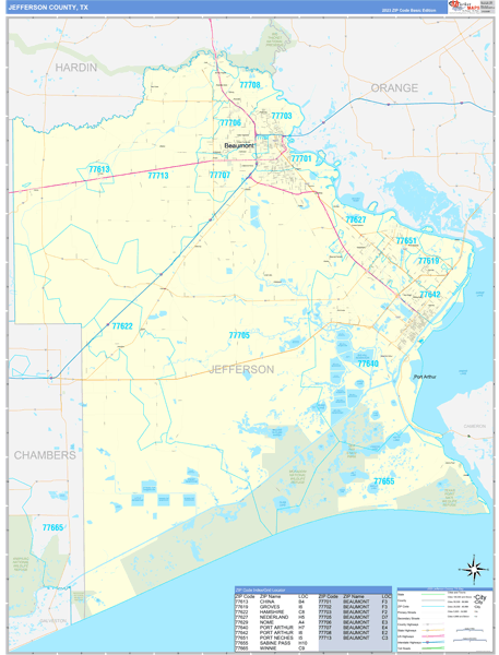 Jefferson County, TX Zip Code Wall Map