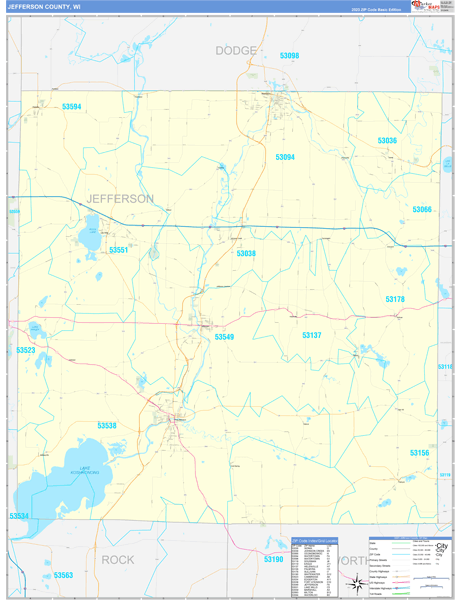Jefferson County, WI Wall Map Basic Style
