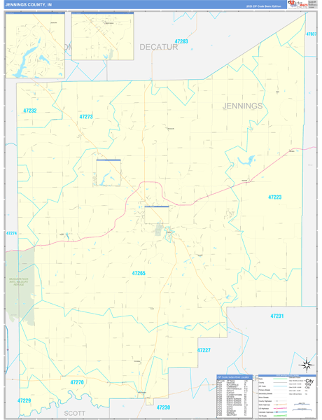 Jennings County, IN Wall Map Basic Style