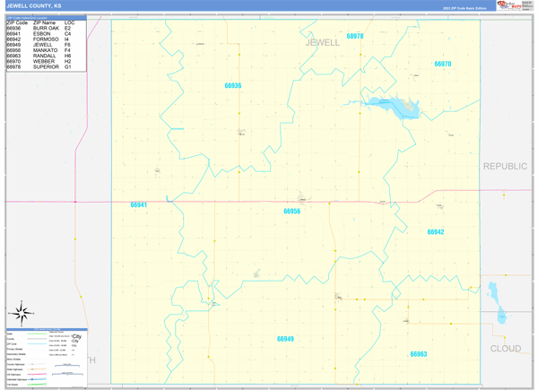 Jewell County, KS Zip Code Wall Map