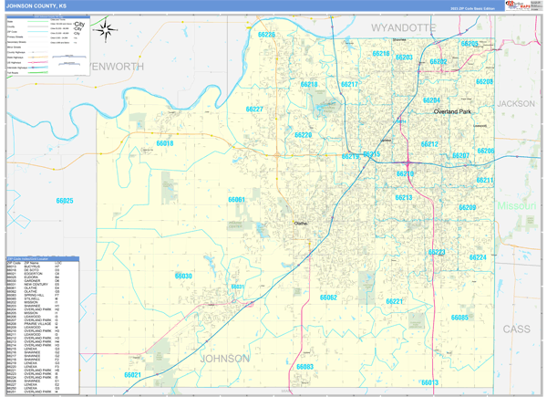 Johnson County, KS Zip Code Wall Map Basic Style by MarketMAPS