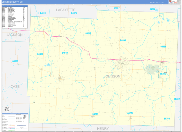 Johnson County, MO Zip Code Wall Map
