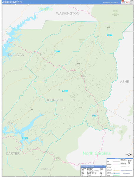 Johnson County, TN Wall Map Basic Style