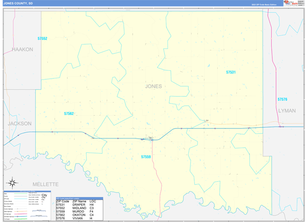Jones County, SD Zip Code Wall Map