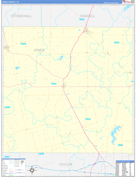 Jones County, TX Zip Code Wall Map