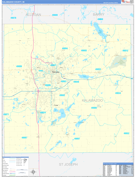 Kalamazoo County, MI Zip Code Wall Map