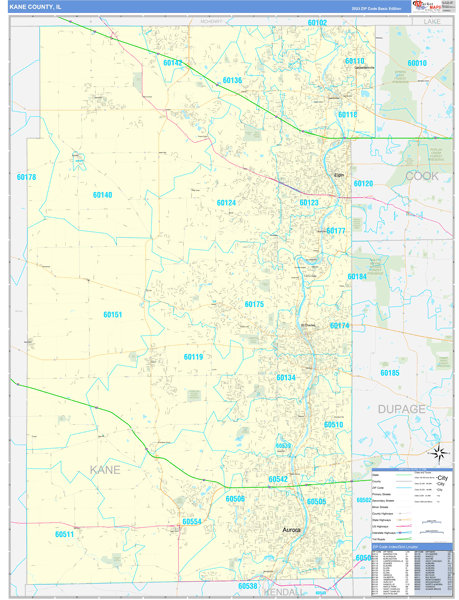 Kane County, IL Zip Code Wall Map