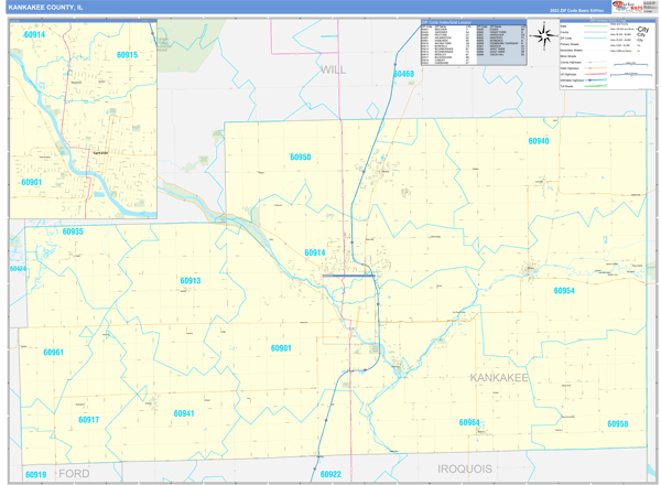Kankakee County, IL Wall Map Basic Style