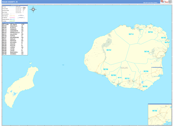Kauai County, HI Zip Code Wall Map