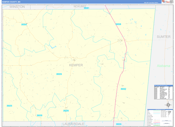 Kemper County, MS Wall Map Basic Style