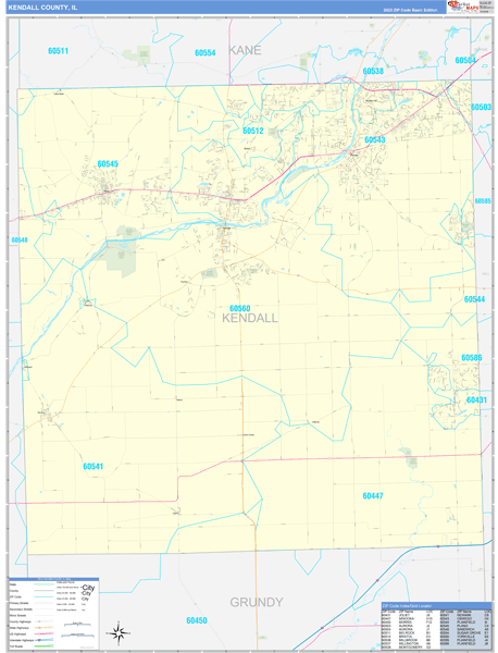 Kendall County, IL Wall Map Basic Style