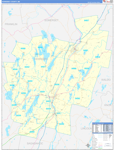 Kennebec County, ME Zip Code Wall Map