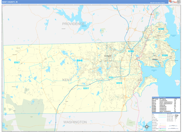 Kent County, RI Zip Code Wall Map