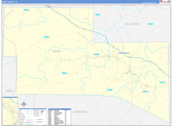 Kerr County Wall Map Basic Style