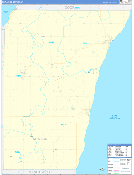 Kewaunee County, WI Wall Map Basic Style