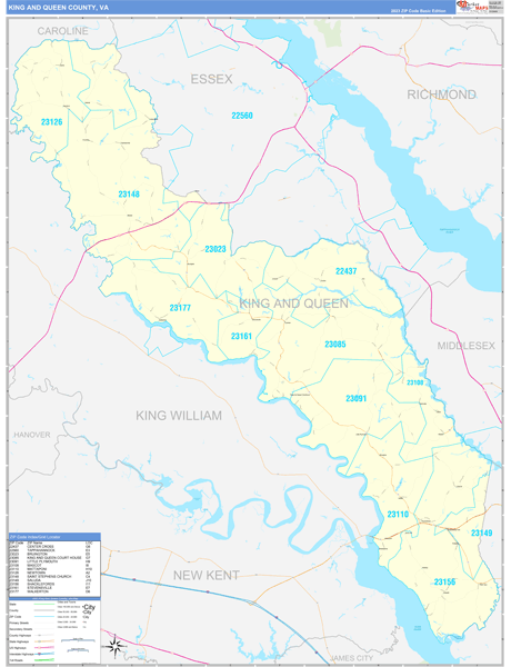 King and Queen County, VA Zip Code Wall Map Basic Style by MarketMAPS