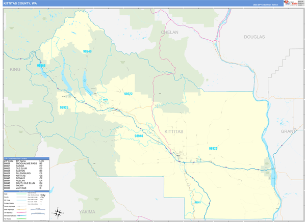 Kittitas County, WA Wall Map Basic Style